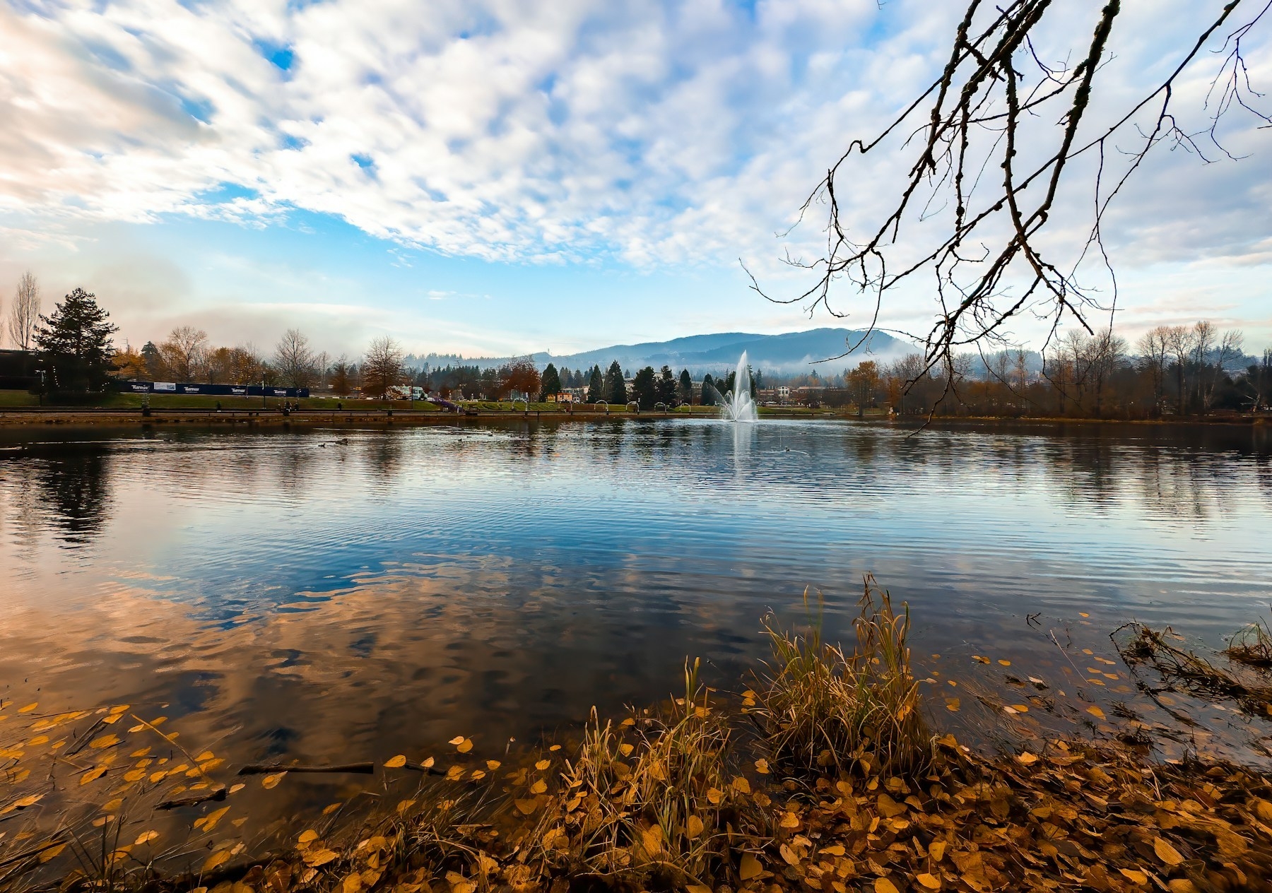 Autumn trees and a fountain reflected in Lafarge Lake at Town Centre Park in Coquitlam
